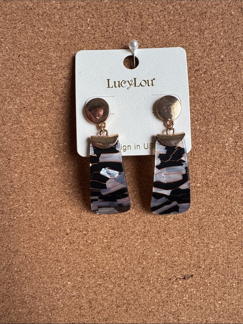 Black and Gray Patterned Drop Earrings with Gold Accents